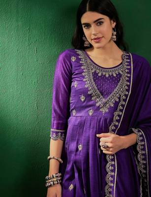 Embroidered zardosi zari sequined silk blend a-line kurta with pant & dupatta 2