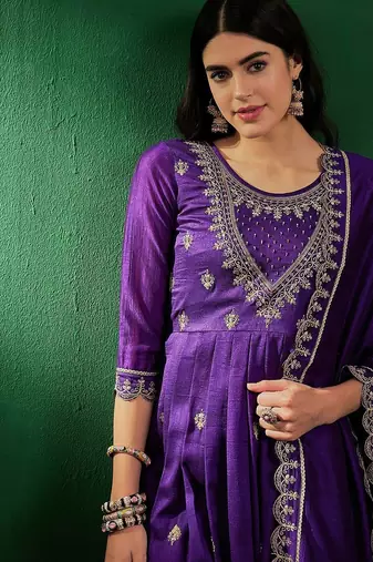 Embroidered zardosi zari sequined silk blend a-line kurta with pant & dupatta