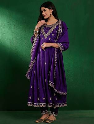 Embroidered zardosi zari sequined silk blend a-line kurta with pant & dupatta 5
