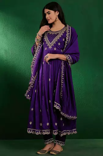 Embroidered zardosi zari sequined silk blend a-line kurta with pant & dupatta