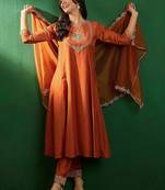 Embroidered boat-neck kurta with trousers & dupatta