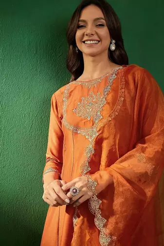 Embroidered boat-neck kurta with trousers & dupatta