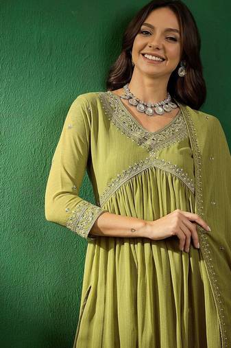 Alia cut embroidered v-neck kurta with trousers & dupatta