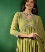 Alia cut embroidered v-neck kurta with trousers & dupatta