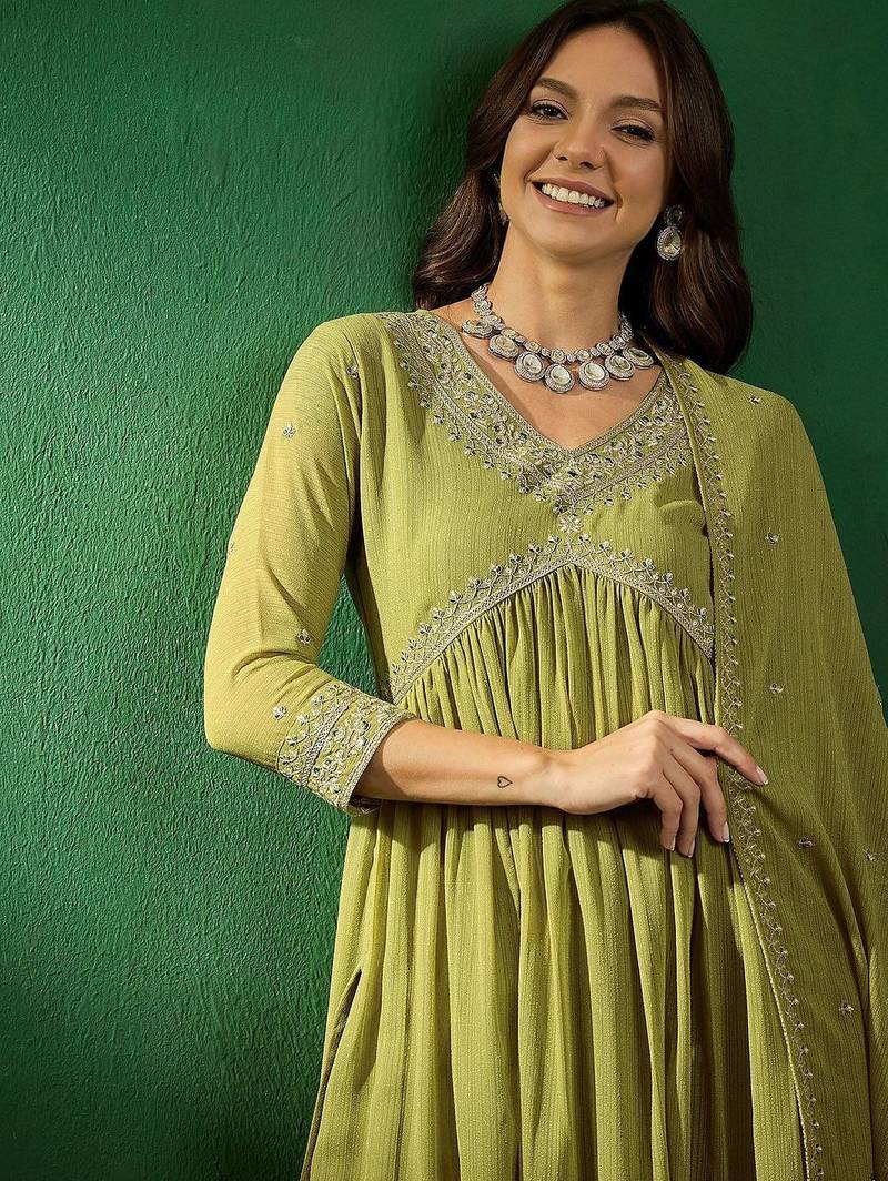 Alia cut embroidered v-neck kurta with trousers & dupatta