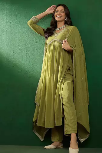 Alia cut embroidered v-neck kurta with trousers & dupatta