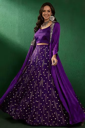 Purple shoulder straps neck sleeveless top with skirt & shrug