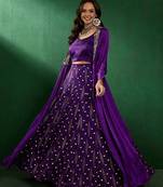 Purple shoulder straps neck sleeveless top with skirt & shrug