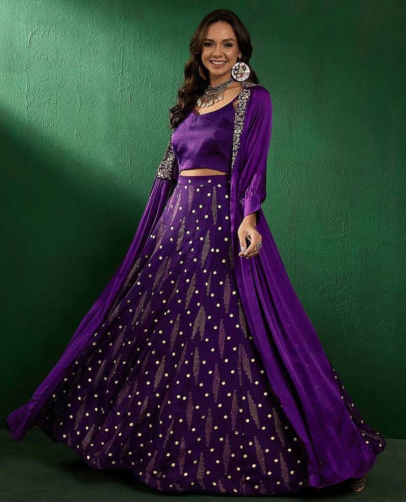 Purple shoulder straps neck sleeveless top with skirt & shrug