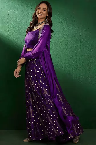 Purple shoulder straps neck sleeveless top with skirt & shrug