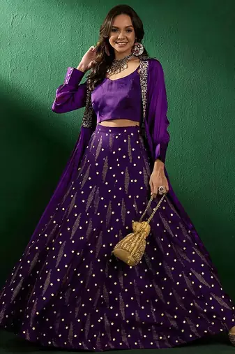 Purple shoulder straps neck sleeveless top with skirt & shrug