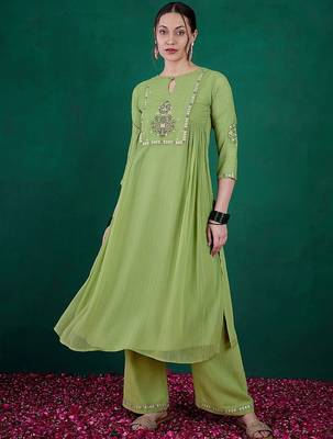 Green ethnic motifs embroidered regular sequinned kurta with palazzos 1