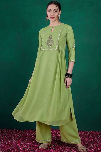 Green ethnic motifs embroidered regular sequinned kurta with palazzos