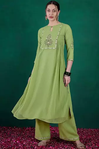 Green ethnic motifs embroidered regular sequinned kurta with palazzos