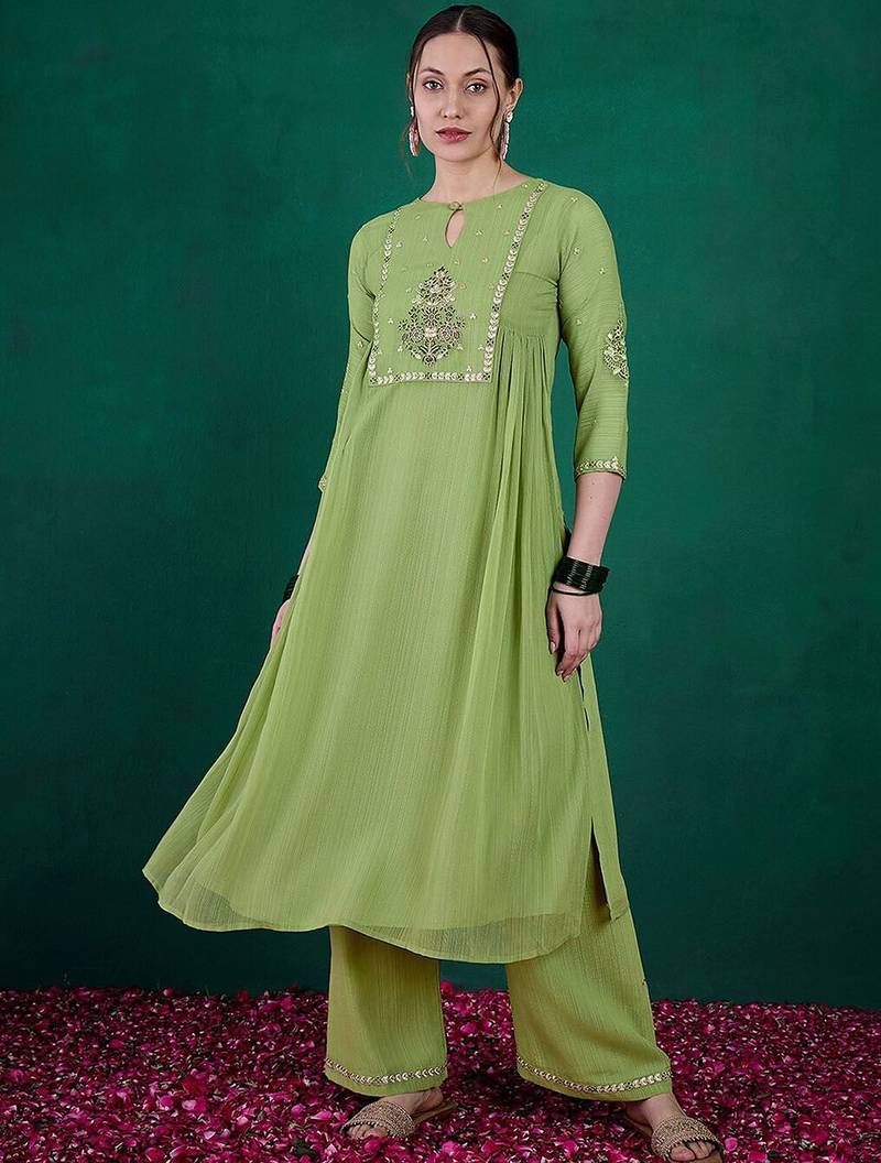 Green ethnic motifs embroidered regular sequinned kurta with palazzos