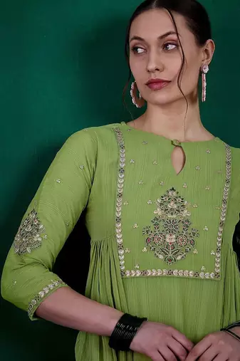 Green ethnic motifs embroidered regular sequinned kurta with palazzos