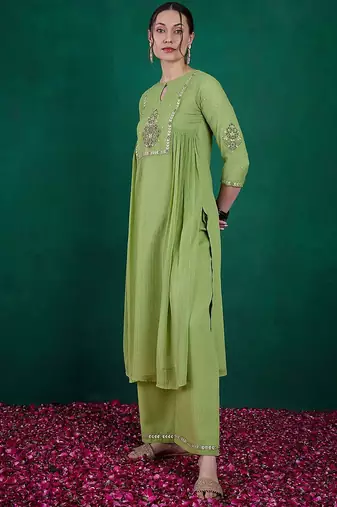 Green ethnic motifs embroidered regular sequinned kurta with palazzos