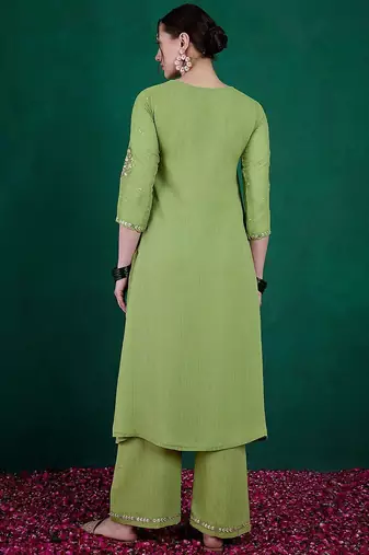 Green ethnic motifs embroidered regular sequinned kurta with palazzos