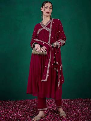 Floral sequin embroidered a-line kurta with trouser & dupatta 1