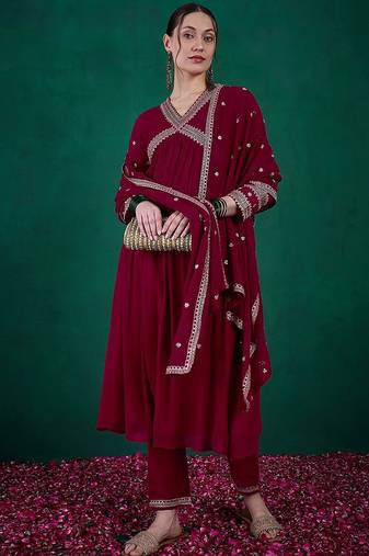 Floral sequin embroidered a-line kurta with trouser & dupatta