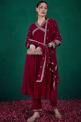 Floral sequin embroidered a-line kurta with trouser & dupatta