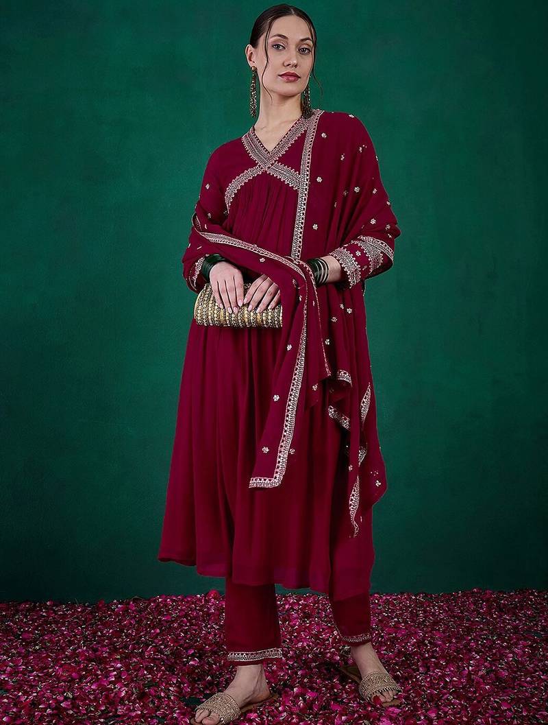 Floral sequin embroidered a-line kurta with trouser & dupatta