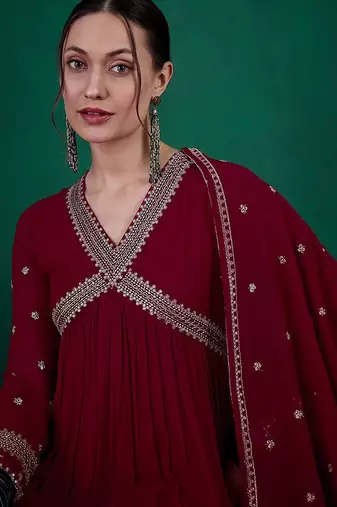 Floral sequin embroidered a-line kurta with trouser & dupatta