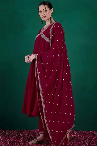 Floral sequin embroidered a-line kurta with trouser & dupatta