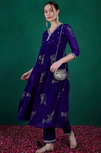 Floral printed embroidered anarkali kurta with trouser