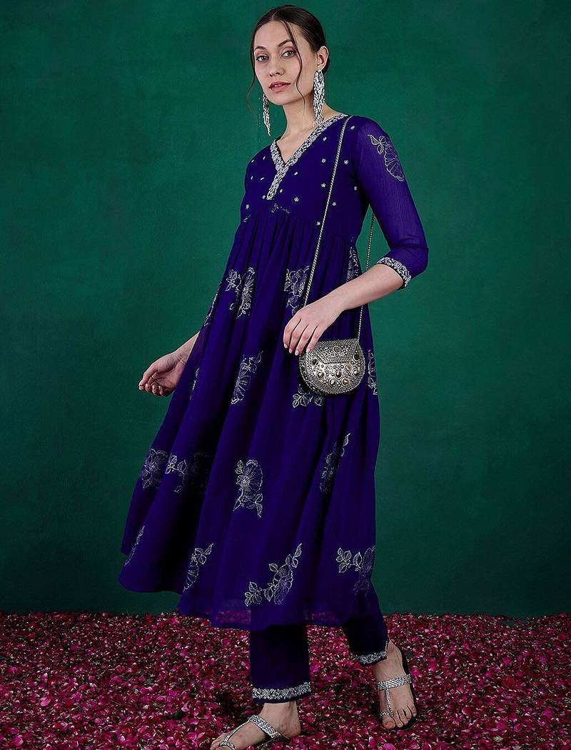 Floral printed embroidered anarkali kurta with trouser