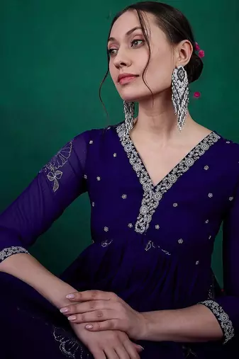 Floral printed embroidered anarkali kurta with trouser