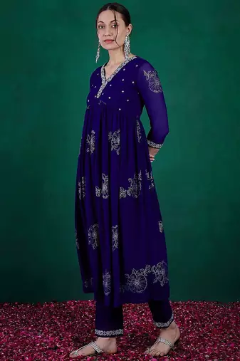 Floral printed embroidered anarkali kurta with trouser