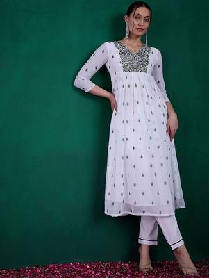 Floral printed sequin embroidered round neck anarkali kurta with trousers 1