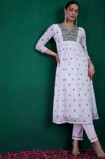Floral printed sequin embroidered round neck anarkali kurta with trousers