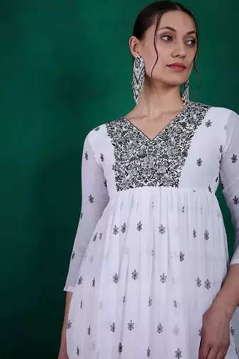 Floral printed sequin embroidered round neck anarkali kurta with trousers