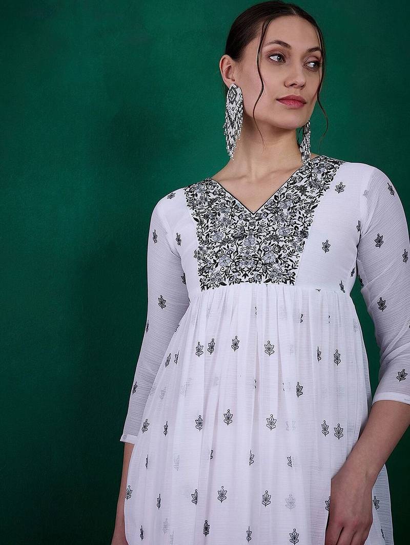 Floral printed sequin embroidered round neck anarkali kurta with trousers