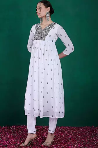 Floral printed sequin embroidered round neck anarkali kurta with trousers
