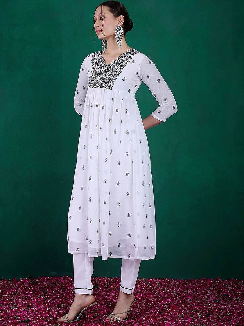Floral printed sequin embroidered round neck anarkali kurta with trousers