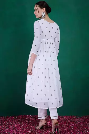 Floral printed sequin embroidered round neck anarkali kurta with trousers