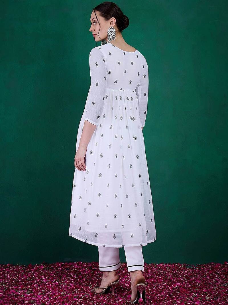 Floral printed sequin embroidered round neck anarkali kurta with trousers