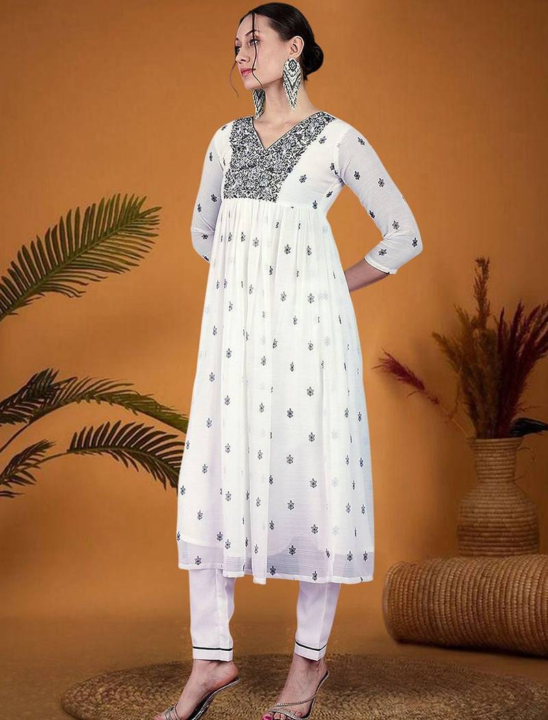 Floral embroidered v-neck sequinned georgette a-line kurta with trouser