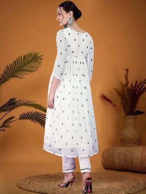 Floral embroidered v-neck sequinned georgette a-line kurta with trouser 5