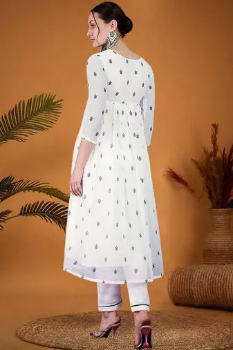 Floral embroidered v-neck sequinned georgette a-line kurta with trouser