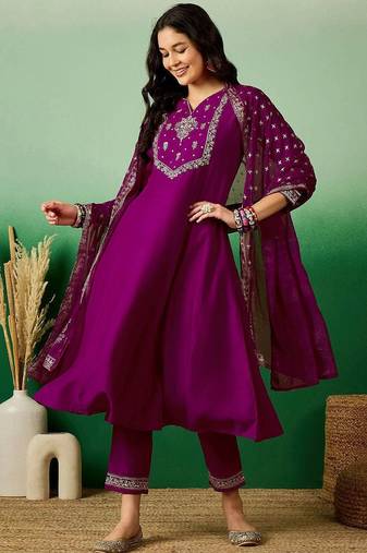 Magenta embroidered notch neck sequined a-line kurta with trouser & dupatta