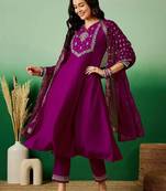 Magenta embroidered notch neck sequined a-line kurta with trouser & dupatta