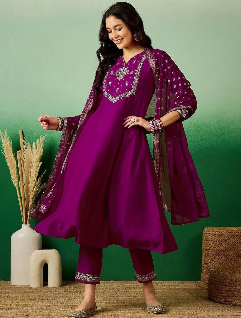 Magenta embroidered notch neck sequined a-line kurta with trouser & dupatta