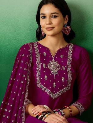 Magenta embroidered notch neck sequined a-line kurta with trouser & dupatta 2