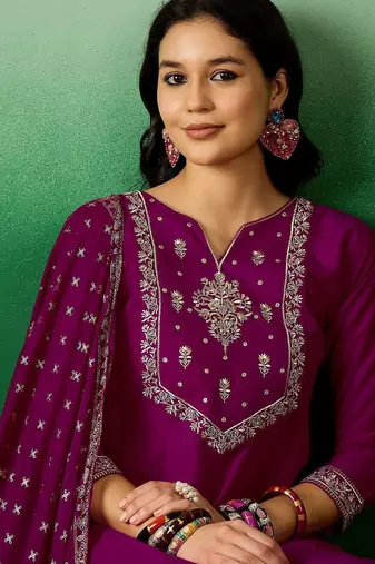 Magenta embroidered notch neck sequined a-line kurta with trouser & dupatta