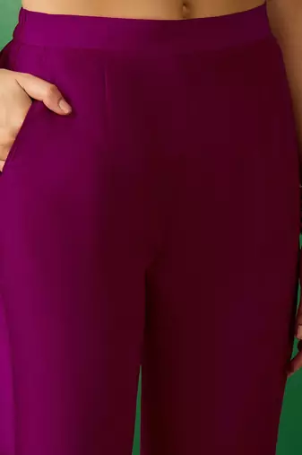 Magenta embroidered notch neck sequined a-line kurta with trouser & dupatta