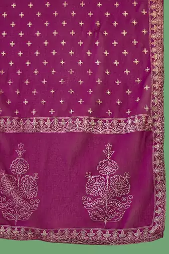 Magenta embroidered notch neck sequined a-line kurta with trouser & dupatta